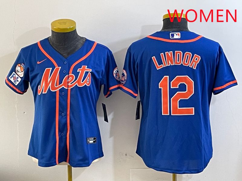 Women New York Mets #12 Lindor Blue Game Fashion 2025 Nike MLB Jersey style 1